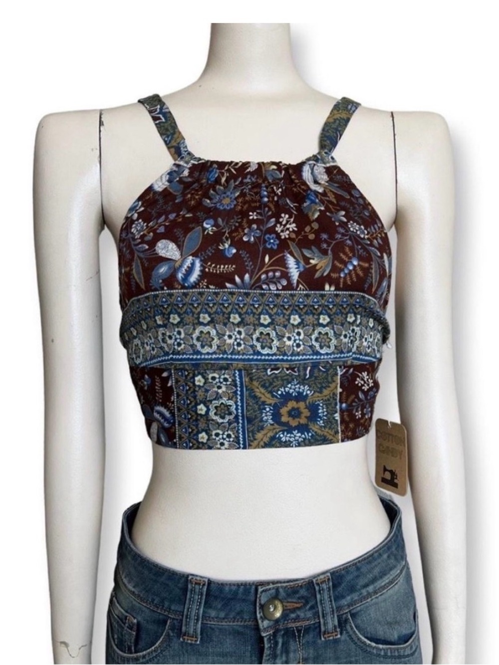 Cotton Candy Brown and Blue Floral Patchwork Crop Top